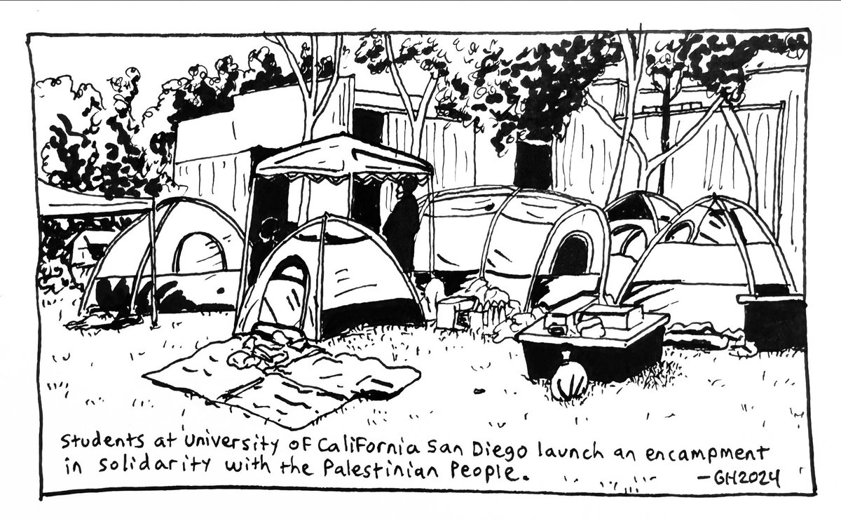 Here is a drawing I did in my sketchbook, students at University of California San Diego launch an encampment in solidarity for Palestine.