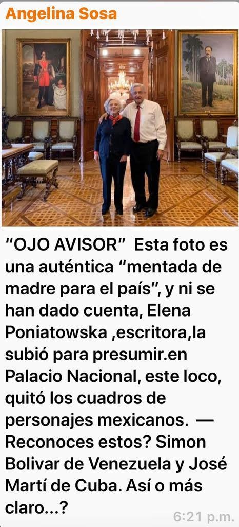 Esto es una mentada de madre para los mexicanos. Ya vieron los cuadros que puso el #NarcoPresidenteAMLO51 en nuestro Palacio Nacional? Es Simón Bolívar y el líder cubano socialista. Así o más claro?