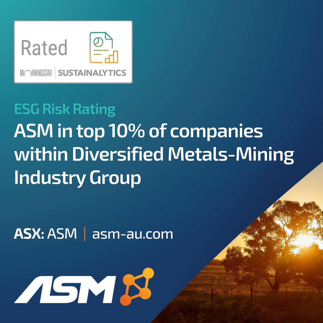 ASM’s latest @Sustainalytics #ESG Risk Rating positions us in the top 10% of companies globally within the Diversified Metals-Mining Industry Group.  Learn more: asm-au.com/asm-improves-s… 
$ASM #rareearths #rareearthelements #criticalminerals #criticalmetals #minetometals