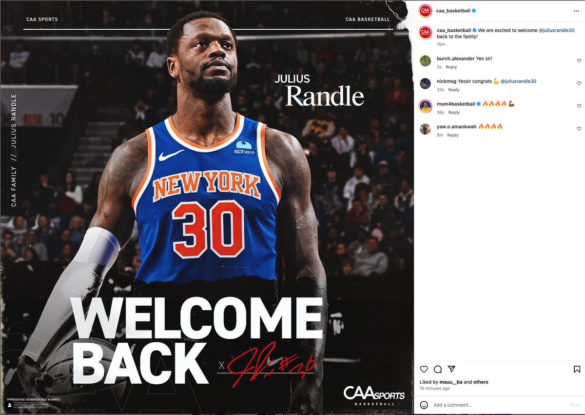 JuJu Randle goes back to CAA Agency Julius making moves. instagram.com/p/C6cezJHNMlM/… #NBAPlayoffs #Knicks #NewYorkForever