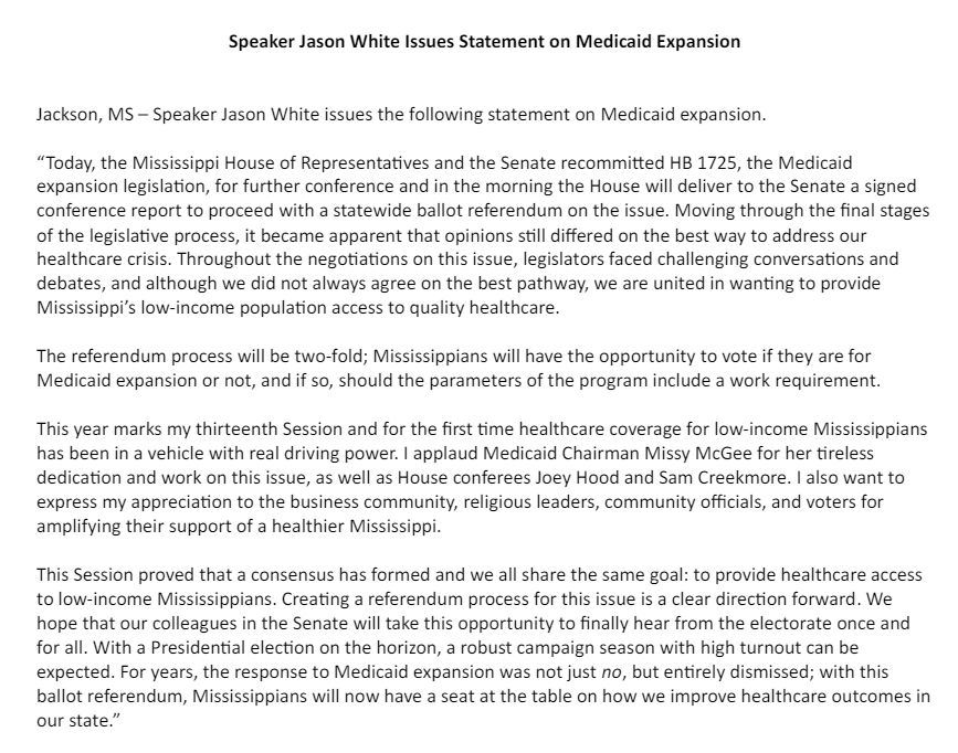 MSStatewatch's tweet photo. Speaker @JasonWhiteMS press release regarding HB 1725(Medicaid Expansion) and the new House proposal for a statewide referendum. #msleg https://t.co/X8VDyiMzgN