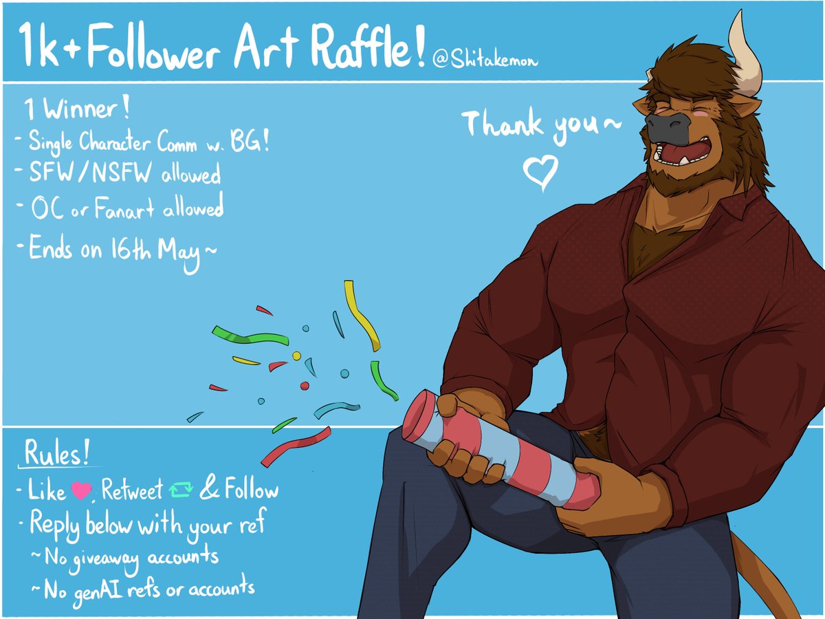 Sorry for the wait but Art raffle for 1k+ follows! Thanks a lot for the support 💖 1 winner, prize is a single character comm w. background~ RULES: - Like, RT, Follow~ - Reply with your refs below - SFW/NSFW allowed - OC/Fanart is fine Ends 16th May. Good luck!