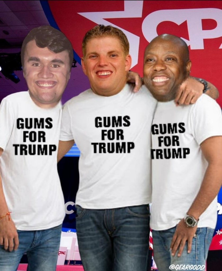 BREAKING: Mirrors. Charlie Kirk, Eric trump, and Tim Scott have formed “Gums for trump,” a coalition for a group that they feel is sorely underrepresented in politics. Bringing out the big gums, that’s for sure! Their motto? We Shall Over-Gum!