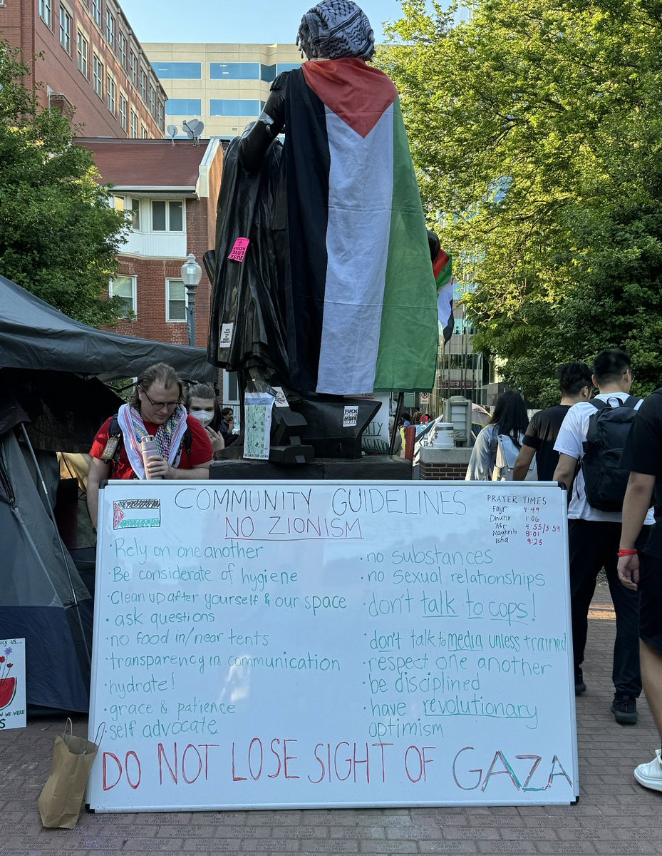 The rules of the encampment at @GWtweets. 'No Zionism' listed above all of the guidelines.