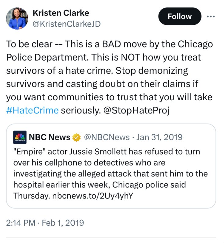 Flashback: DOJ’s Kristen Clarke not only peddled the Jussie Smollett hoax, but she excoriated Chicago police for daring to ask for his cell phone freebeacon.com/biden-administ…