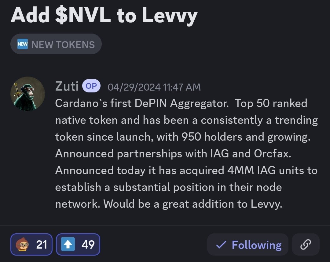 Alright, guys, @NuvolaDigital needs another push. Let's get those Levvy votes in. 🗳 ☁️ $NVL on @levvyfinance LINK TO VOTE 👉discord.com/channels/89808… RETWEET ✅️ TAG 3 FRIENDS ✅️ $SOC $IAG $ADA $COTI $WMT $COPI $SNEK $MIN $FACT #Cardano #Worldmobile #Iagon #DePIn #AI