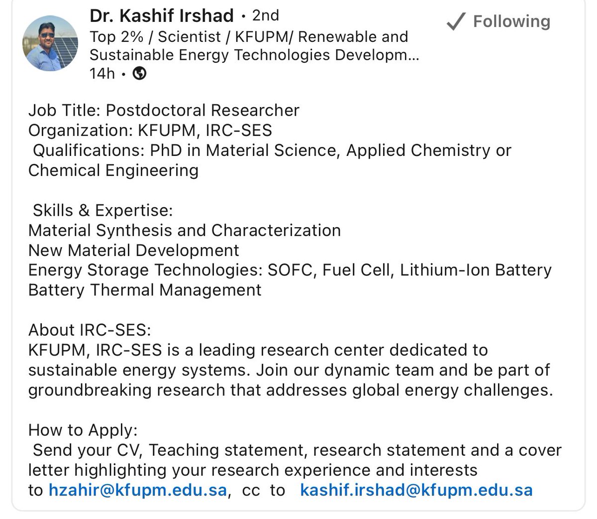 #PostDocPosition #MaterialScience #Battery #Energystroge #Fuelcell #KFUPM
