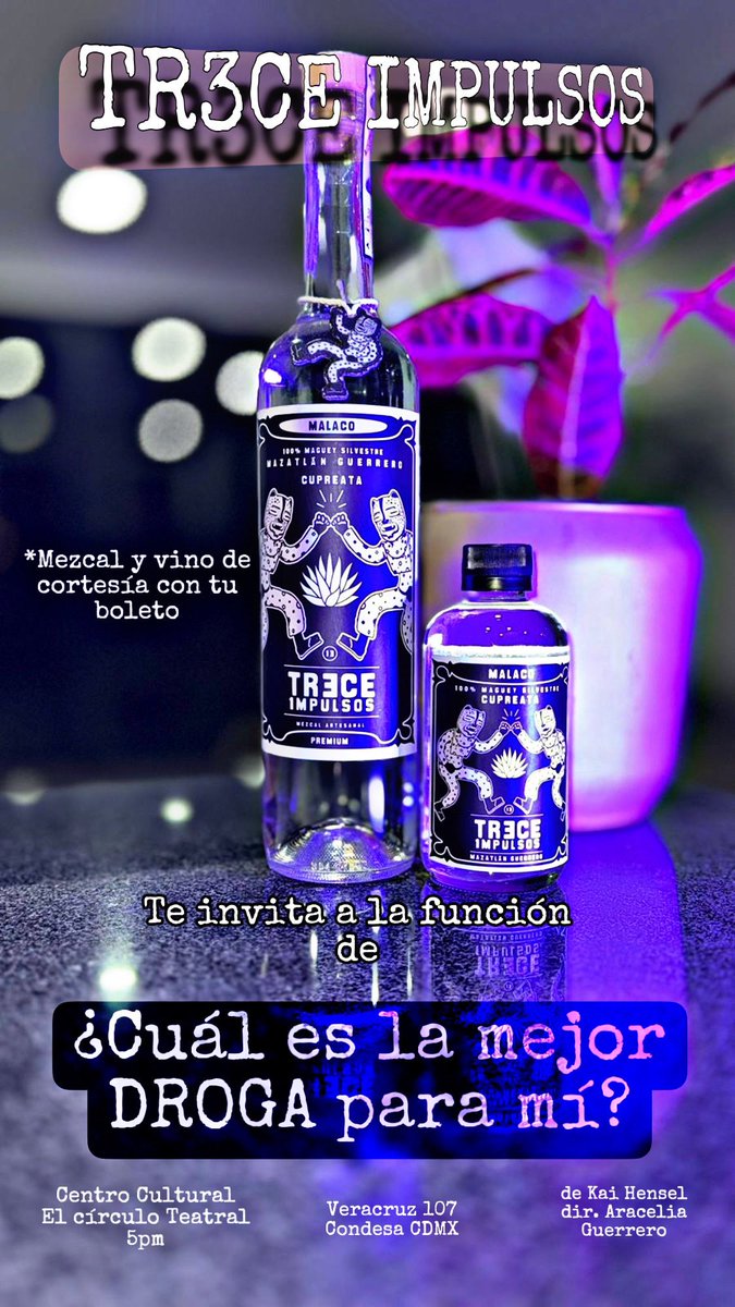 “¿Cuál es la mejor DROGA para mí?” Dir. Aracelia Guerrero con <a href="/_MCFelix_/">Ma del Carmen Félix</a> #MaríaDelCarmenFelix DOMINGO5MAY5PM <a href="/CIRCULOTEATRAL/">El Círculo Teatral</a> #mezcal TR3CEIMPULSOS #teatro #teatromexicano #CDMX #Condesa #mezcal #mezcalguerrerense #drogas