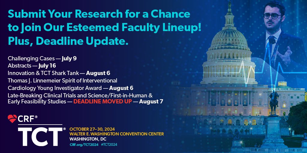 🌟Are you ready to showcase your groundbreaking research on the global stage of interventional cardiovascular medicine? 🌍 Submit your work now for a chance to join the esteemed #TCT2024 faculty!tct2024.crfconferences.com/topics-categor…   🚨 Note: The deadline for Late-Breaking Clinical Trials and…