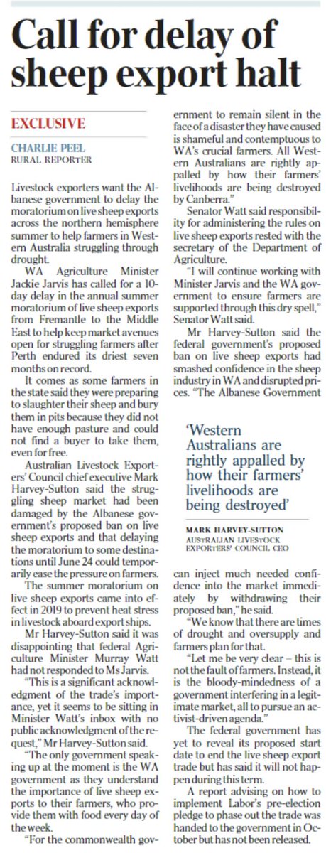 “For the commonwealth government to remain silent in the face of a disaster they have caused is shameful and contemptuous to WA’s crucial farmers.” - CEO Mark Harvey-Sutton in today's @australian 📰: theaustralian.com.au/nation/politic… @SheepProducers @WAFarmers