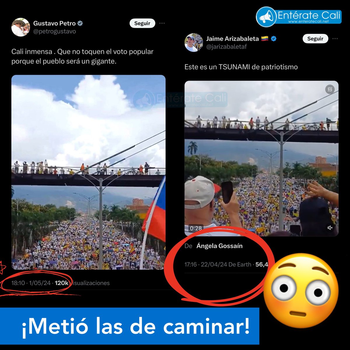 Más y más críticas a la asistencia de las marchas del primero de mayo en Cali. 😬 Hace pocos minutos Petro publicó un post en el que destacaba una fotografía con miles de personas y ponía 'Cali inmensa. Que no toquen el voto popular porque el pueblo será un gigante'. Resultó