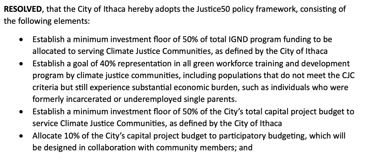 NEW: Ithaca passed its Justice50 resolution this evening.

The city will now invest at least 50% of its total capital project budget to serve climate justice communities, going beyond Biden's #Justice40 initiative. A major development for the Ithaca #GreenNewDeal. @NPR story TK.