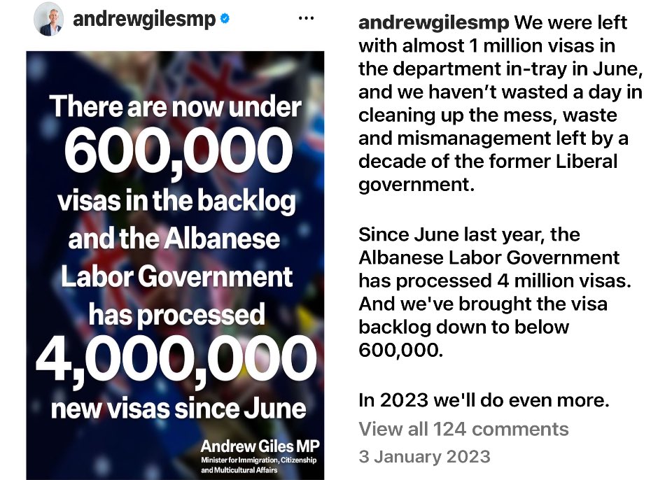 @DougCameron51 @AlboMP Giles Minister for Immigration, Citizenship and Multicultural Affairs of Australia IG 3 Jan 2023 “Since June last year, the Albanese Labor Government has processed 4 million visas. And we've brought the visa backlog down to below 600,000. In 2023 we'll do even more.” Giles