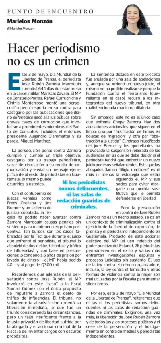 ✍️Ni los periodistas somos criminales ni las salas de redacción guaridas de delincuentes.
Este 3 de mayo, Día Mundial de la #LibertadDePrensa🗣️ exigimos la libertad de #JoseRubénZamora y el cese de la persecución y hostigamiento en contra de medios y periodistas independientes.👇