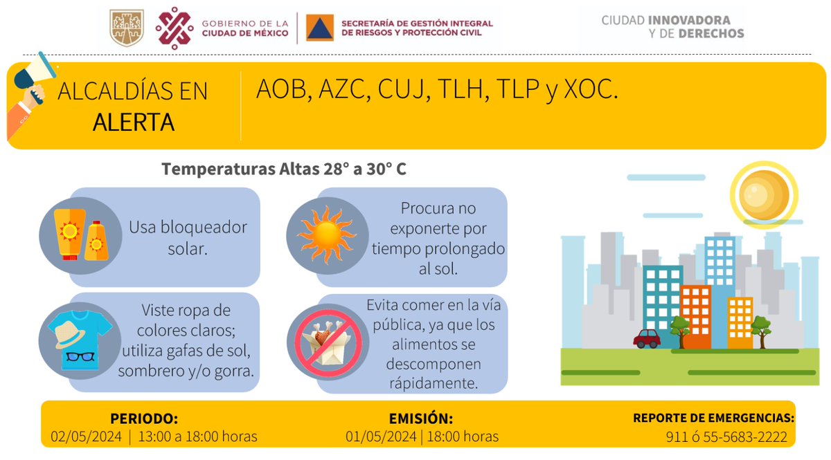 Se activa #AlertaAmarilla por pronóstico de temperaturas altas para la tarde del jueves 02/05/2024, en las demarcaciones: @AlcaldiaAO, @AzcapotzalcoMx, @AlcCuajimalpa, @TuAlcaldiaGAM, @TlahuacRenace, @TlalpanAl y @XochimilcoAl. #PronósticoDelTiempo #LaPrevenciónEsNuestraFuerza