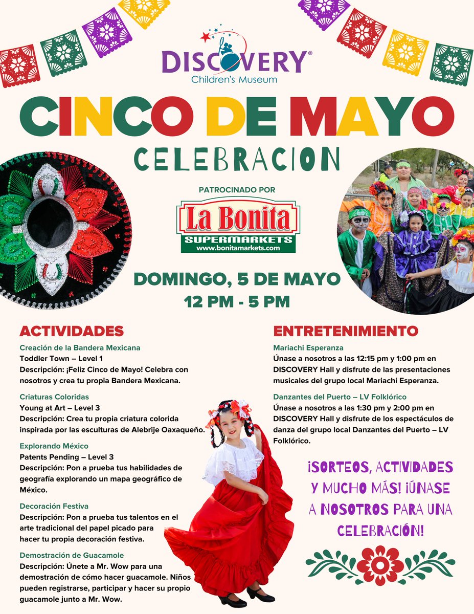 ¡Celebra Cinco de Mayo con nosotros! Join us for a fiesta at the Museum filled with cultural performances and crafts! Brought to you by @labonitamarkets