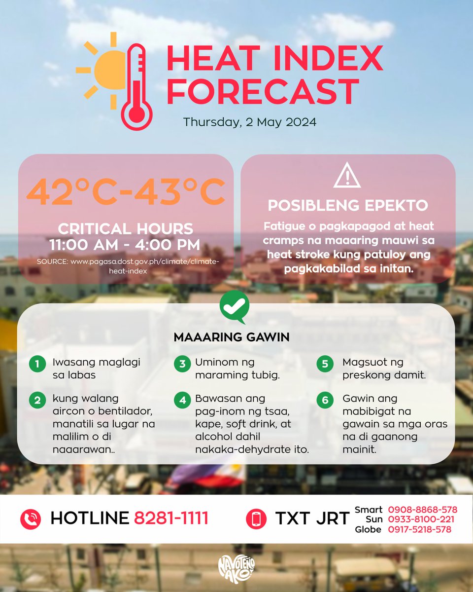 Sa tala ng PAGASA, maaaring umabot sa 42°C-43°C ang temperatura ng ating paligid ngayong araw. Uminom po parati ng tubig at iwasang mamalagi sa initan para manatiling ligtas sa heat cramps o heat stroke. #HeatIndexForecast #StaySafe #Navotaas Source: pagasa.dost.gov.ph/climate/climat…