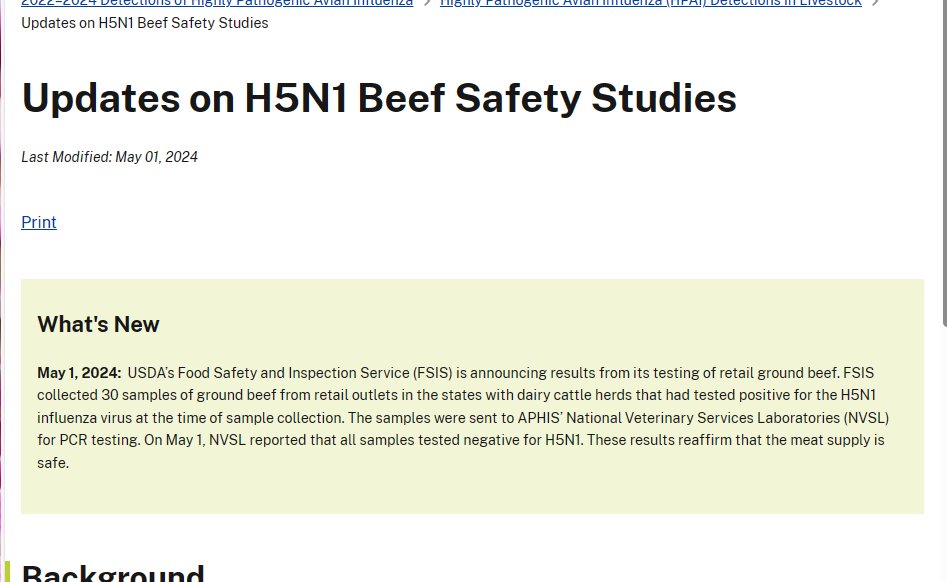 Results from @USDA's testing of retail ground beef for avian influenza are now out: - all *negative* for H5N1 on PCR - 30 samples from states with infected cows - beef muscle + cooking studies still ongoing aphis.usda.gov/livestock-poul…