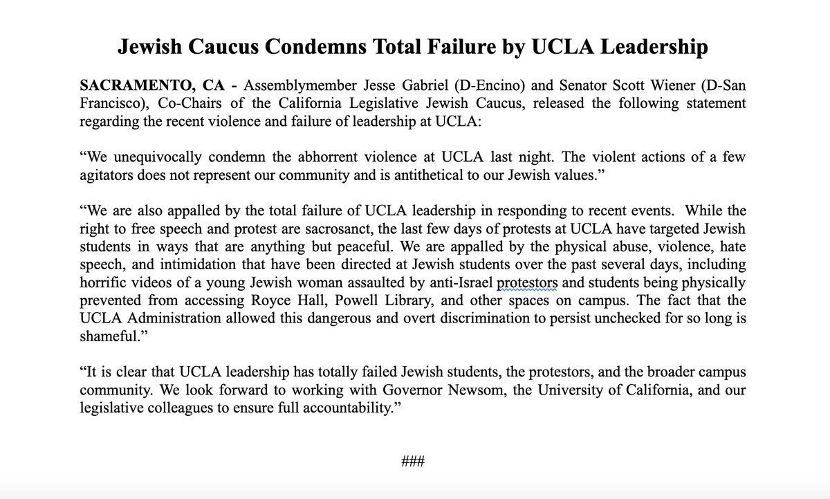 The Jewish Caucus released the following statement regarding the recent violence and failure of leadership at UCLA: