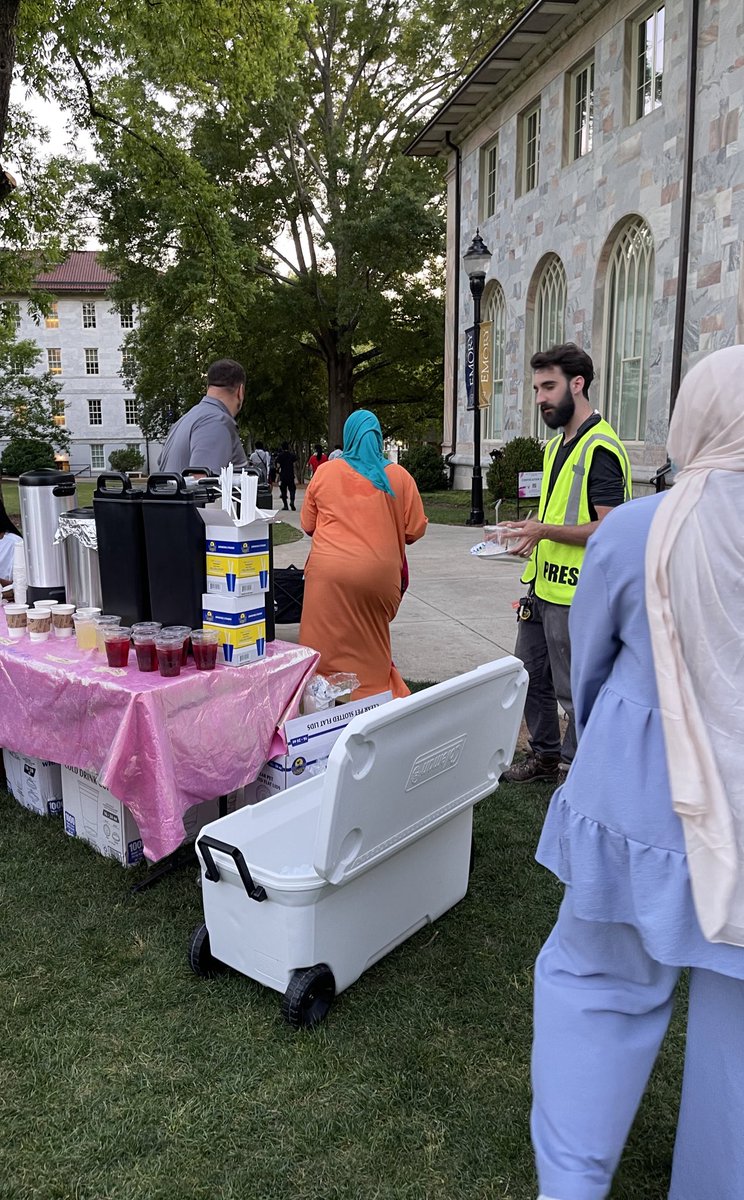 I’m back at Emory - a Palestinian-owned coffee shop, Majlis Mocha, is set up on the quad providing (amazing) coffee, tea, and lemonade to the encampment tonight. Someone else has brought a massive amount of Mediterranean Grill takeout for everyone.