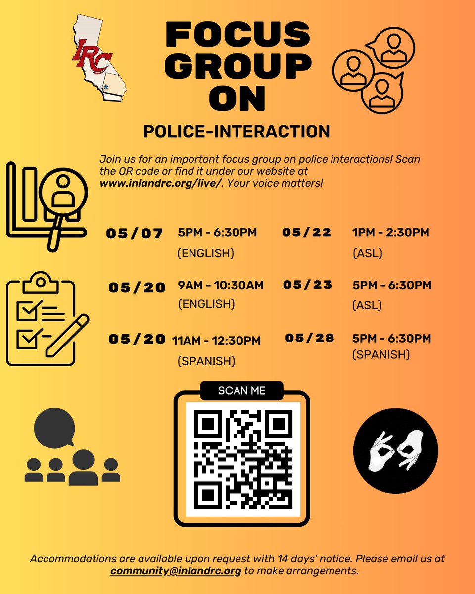 🚨 Join our crucial focus groups on police interactions! Scan QR code or visit inlandrc.org/live/ . Your voice matters! Accommodations available upon request with 14 days' notice. Email community@inlandrc.org to arrange. #PoliceInteractions #CommunityVoice