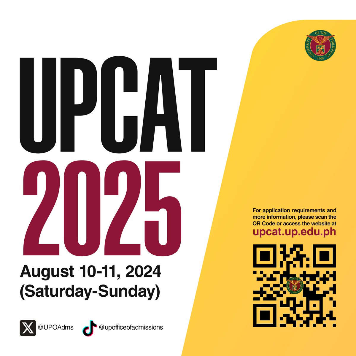 #ICYMI: The Office of Admissions has announced the last two weeks for the filing of #UPCAT2025 applications. 

Details on relevant links and contact information for questions and other concerns are available here: web.facebook.com/UPSystemOffice…