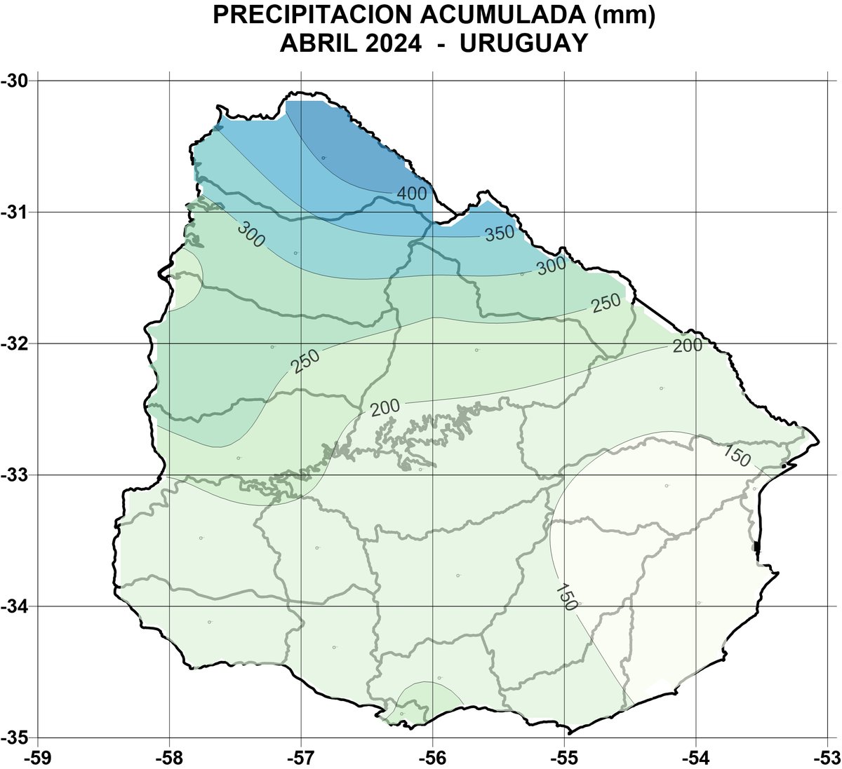 #lluvia acumulada abril 2024 sobre #Uruguay, según reportes estaciones meteorológicas de @MeteorologiaUy, indica altos volúmenes al Norte y NE del País, desde 150 mm en el Sur hasta 400 mm sobre E de Artigas. Otoño bajo agua.