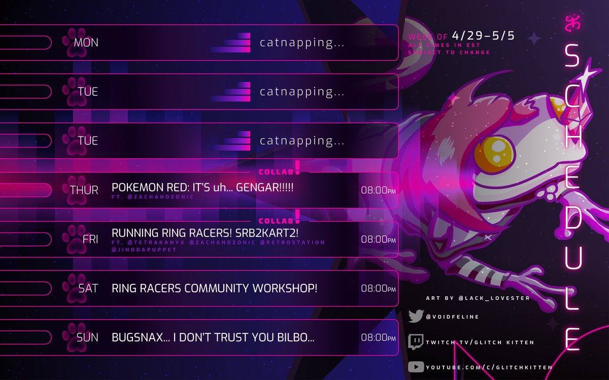 Schedule for this week!~ Thur: Pokemon Fire Red w/ @ZachandZonic Fri: Ring Racers w/ @Wawaluigi99 @TetraKanyx RetroStation & @ZachandZonic Sat: Ring Racers Community Workshop Sun: Bugsnax #VtuberUprisings #furry #schedule #VTuberEN