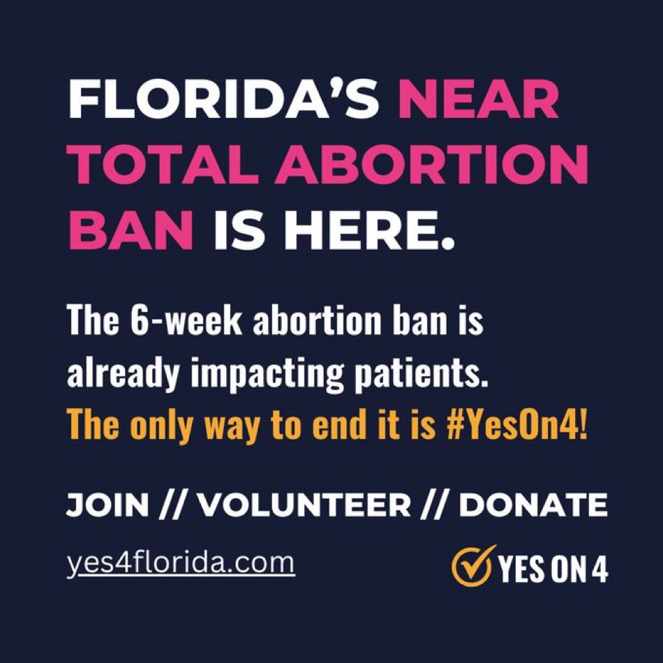 Today, Florida’s 6-Week Abortion Ban goes into effect. A near total ban that rips away the human right of bodily autonomy from our people. This Election Day, we can fight back & codify abortion rights. Vote #YesOn4 and Organize others. Get involved 👉🏾 yes4florida.com