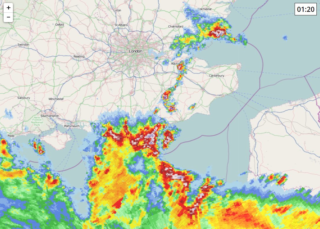 A very active few hours to come for southern England! Multiple #thunderstorms have developed and are drifting west.

Lightning map: lightningmaps.org
Radar: netweather.tv/live-weather/r…