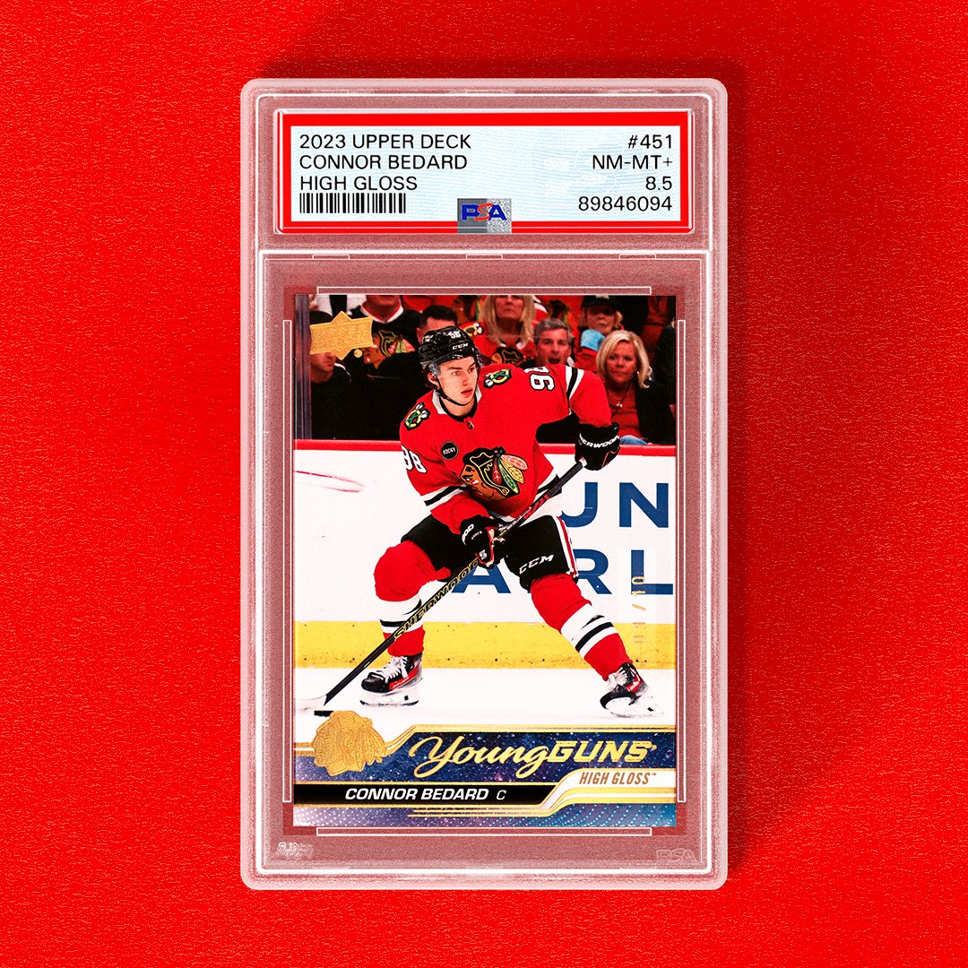 𝙅𝙐𝙎𝙏 𝙂𝙍𝘼𝘿𝙀𝘿 🔥 This is the first copy of the second-rarest parallel of Connor Bedard's Young Guns RC to pass through the grading room. The High Gloss /10 doesn't just have eye appeal, but also earned a price tag of $27,000 at auction not long after leaving PSA.