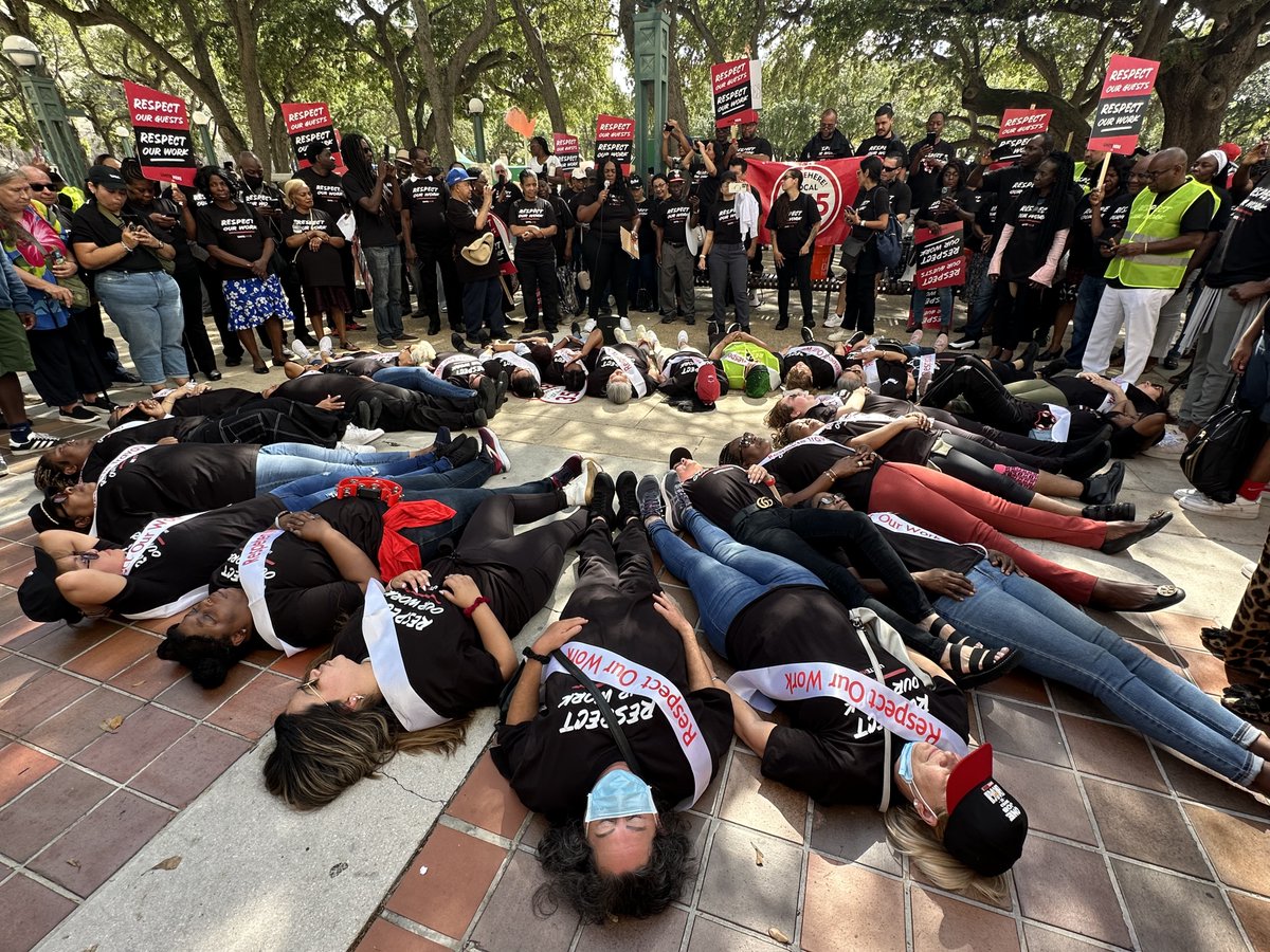 Miami Hotel Workers Die-In to Demand Higher Industry Standards. Workers from UNITE HERE Local 355 are calling on hotels to raise standards for guests and workers, reverse cuts to services and amenities.