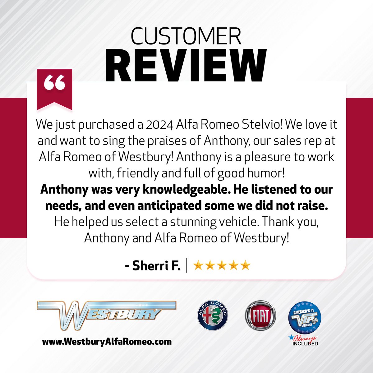 🌟🚙🙌 Hear it straight from our happy customer, Sherri. Congrats on your new ride!

💻 SHOP ONLINE
🌐 WestburyAlfaRomeo.com
📞 516-814-2910

#AlfaRomeo #HappyCustomer #LongIsland #LuxuryCars #NewYork #NY #NYC #NassauCounty #SuffolkCounty #Stelvio #AlfaRomeoStelvio