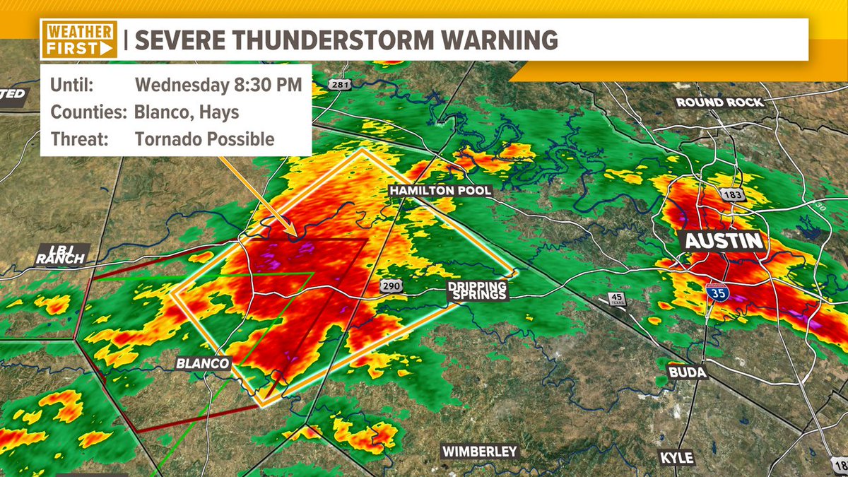 A NEW Severe Thunderstorm Warning is now in effect for eastern Blanco and northwestern Hays counties until 8:30 p.m. with the 'tornado possible' tag, meaning that @NWSSanAntonio is watching rotation within this storm. #ATXWx #TXWx