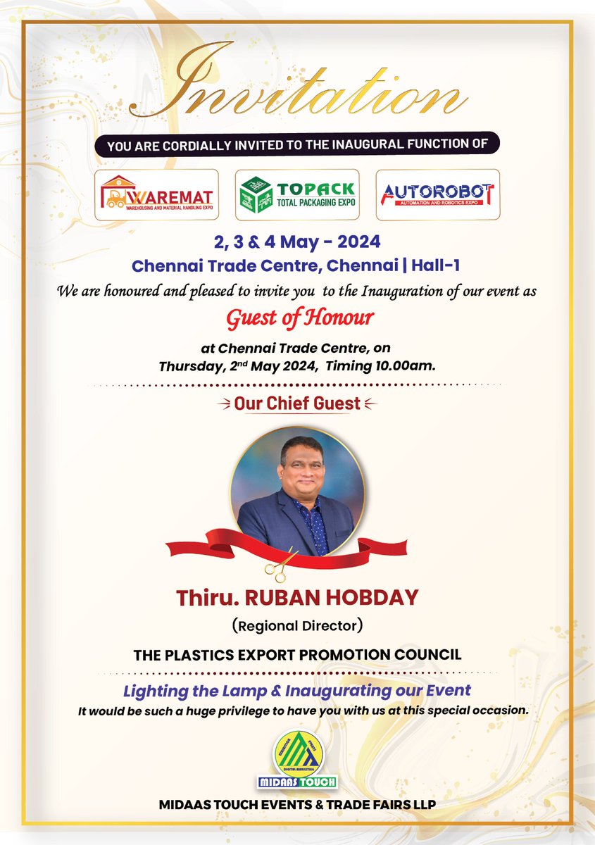 🌟 Exciting News Alert! 🌟
We're thrilled to announce Thiru. Ruban Hobday, Regional Director of The Plastics Export Promotion Council (#PLEXCONCIL), as our esteemed Chief Guest for the Grand Opening ceremony of #WAREMAT #B2BExpo

Entry FREE! Pre-Register: zurl.co/6bvl