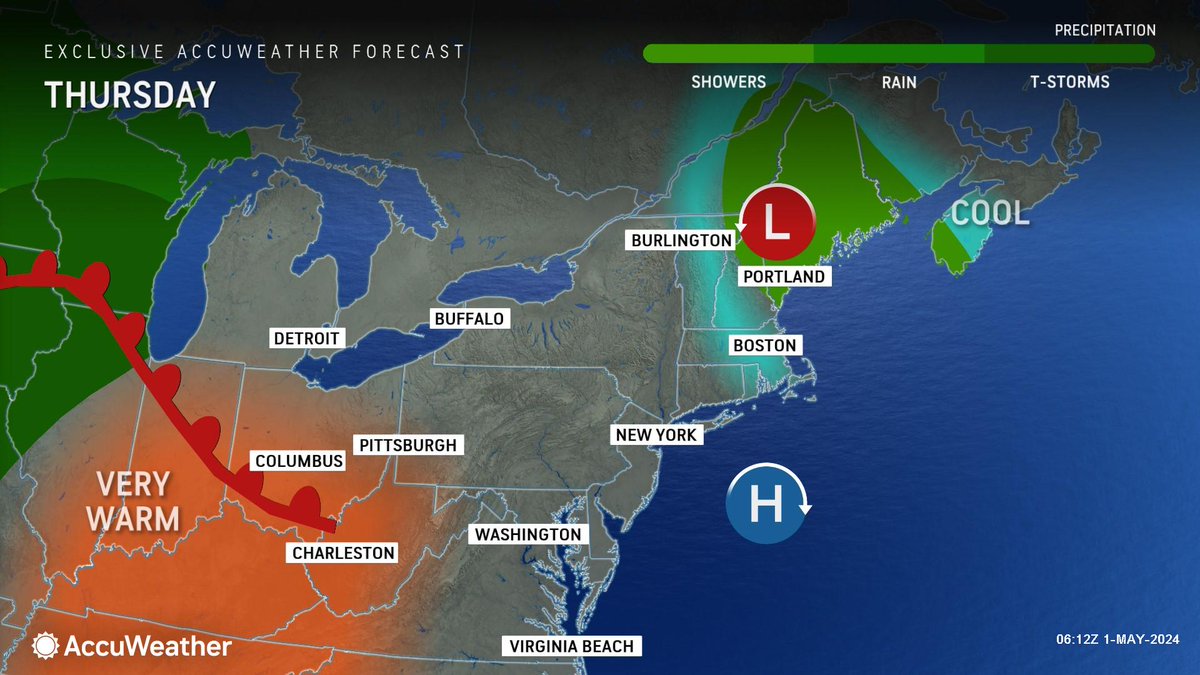 WEATHER @accuweather Wednesday Night • Tonight: clear to partly cloudy and mild. Low 58. • Tomorrow: mostly sunny and very warm. High 83. • Friday: very warm; sun and areas of high clouds in the morning, then mostly cloudy in the afternoon with a thunderstorm. High 88.