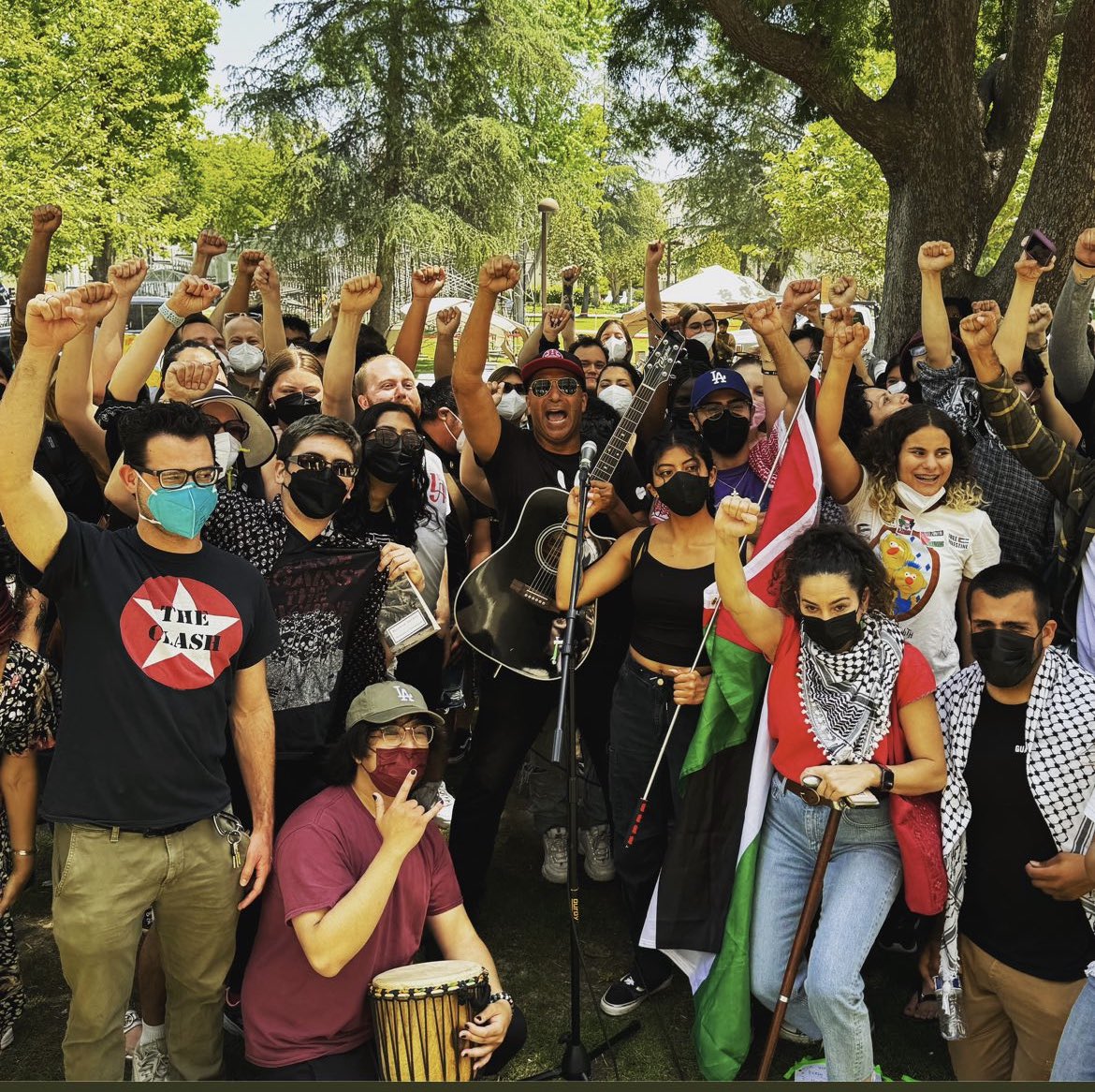 tmorello's tweet photo. MAY DAY 2024. Rocking Palestine protest at Cal State Northridge today, site of RATM’s 1st ever show. https://t.co/imi6rGCaOn