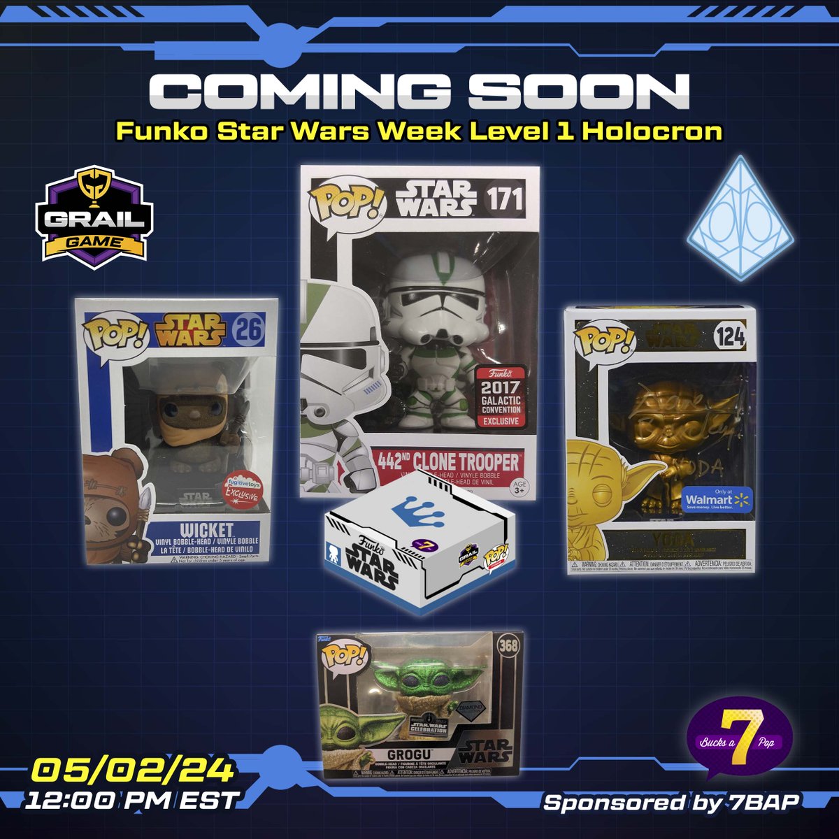 #GrailGamers! #StarWarFans! Star Wars Week #Maythe4th continues with Grail Game! Launching Tomorrow! 05/02/24 - 12:00PM EST, Funko Star Wars Week Level 1 Holocron #MysteryBox Game! (sponsored by @7BucksAPop) 🎉
⁠
This is the first of three Level 1 Games which affords you the…