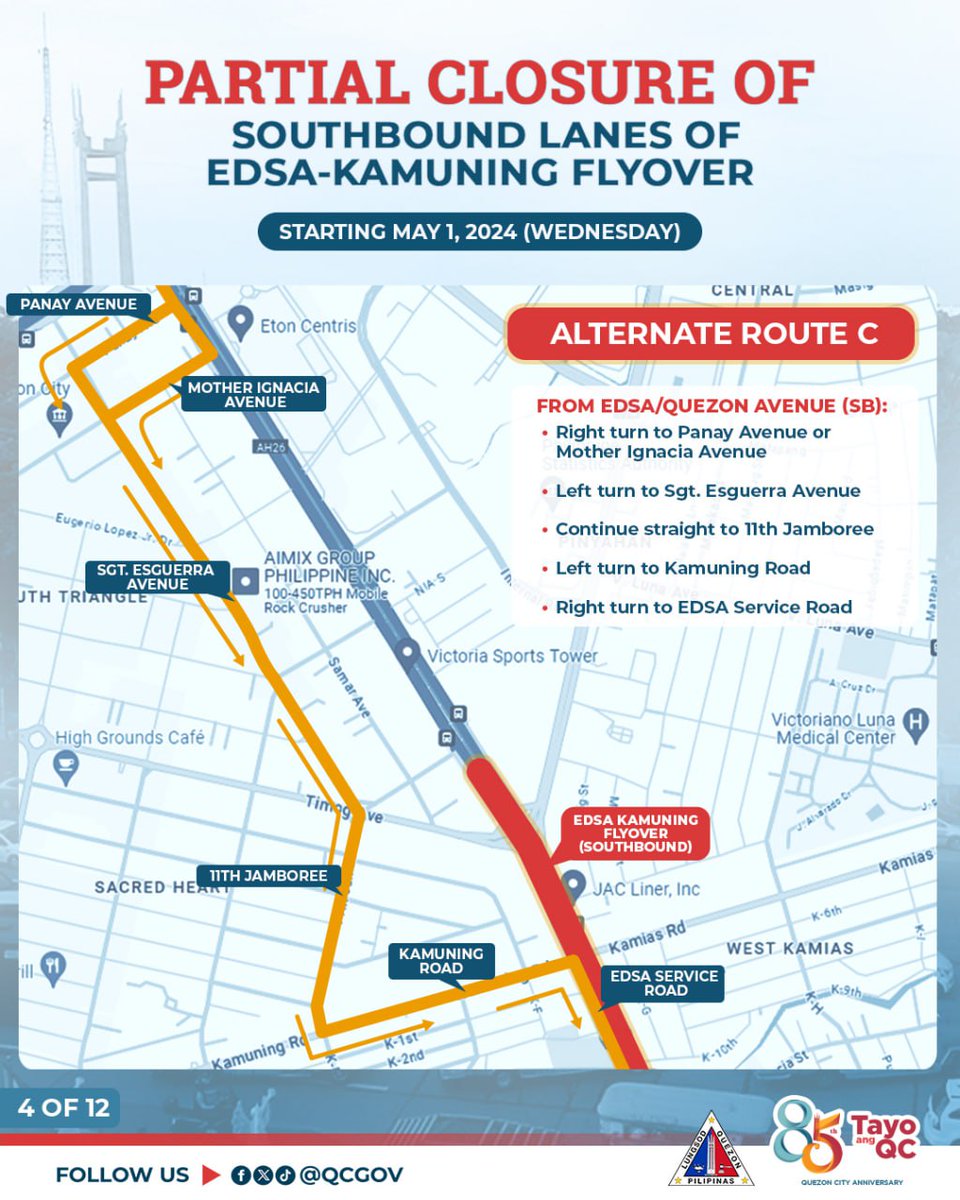 MAHALAGANG ABISO SA MGA MOTORISTA

Nagsimula na kahapon (May 1) ang pansamantalang pagsasara ng ilang bahagi ng Southbound lane ng EDSA-Kamuning Flyover at tatagal ito ng anim (6) na buwan para sa gagawing repair o retrofitting.