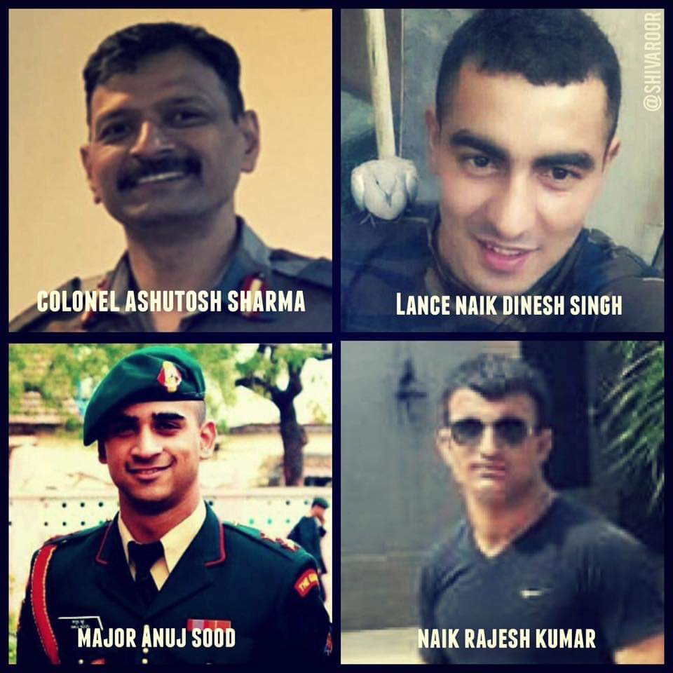 Paying tribute to #BraveHearts of 21 RR COL ASHUTOSH SHARMA,SM*** MAJ ANUJ SOOD,SC NK RAJESH KUMAR,SM L/NK DINESH SINGH,SM on their #BalidaanDiwas today. Fought till their last breath againt paki terrorists for our safety. #VeerParivar shattered forever #FreedomIsNotFree