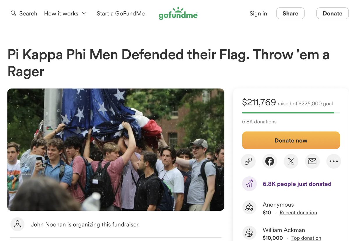 JUST IN: The GoFundMe for the UNC frat boys who defended the flag from Pro-Hamas radicals is BLOWING UP. 💥 $211,000. In 24 hours. To throw these kids a 'rager.' God, I love America. 🇺🇸