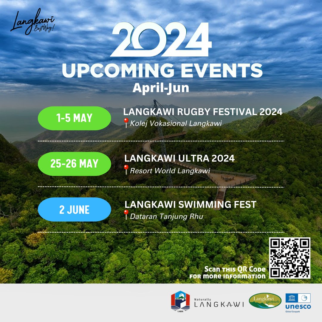 🗓Upcoming Events April - Jun 2024

Yang berminat, boleh join yaa nanti🤩 Save your date😎

#langkawibestwey #langkawi99magicalislands
#naturallylangkawi #langkawiisland #langkawigeopark #malaysiatrulyasia #CutiCutiMalaysia #langkawievent #langkawi #Malaysia