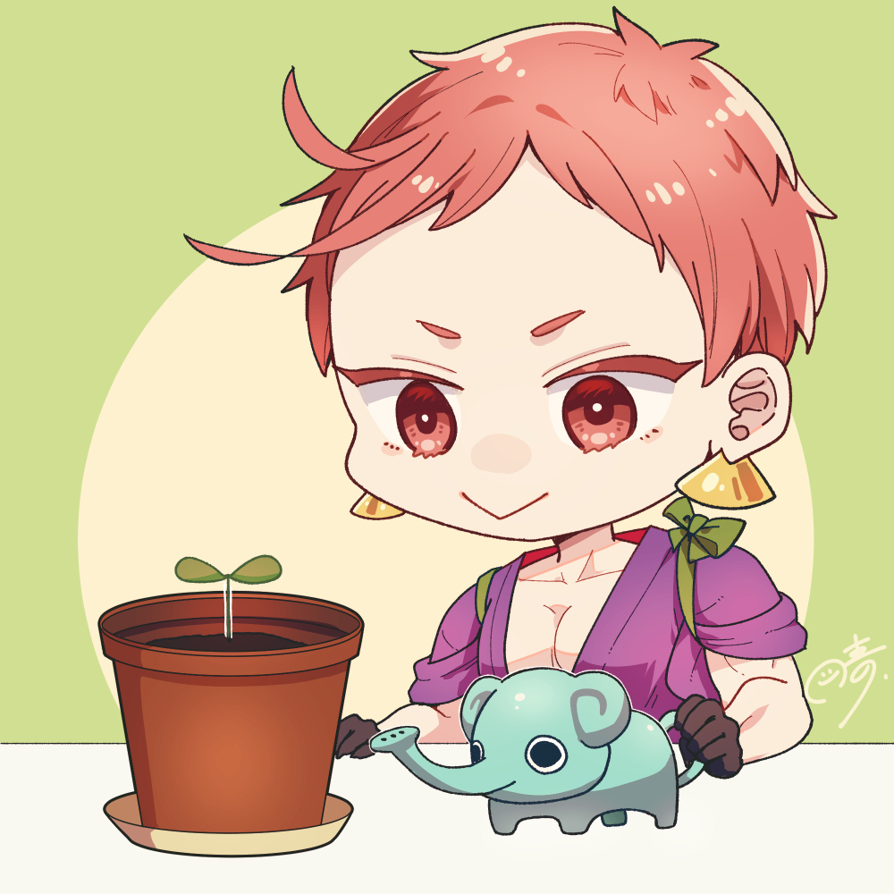 solo smile 1boy gloves red eyes jewelry pink hair  illustration images