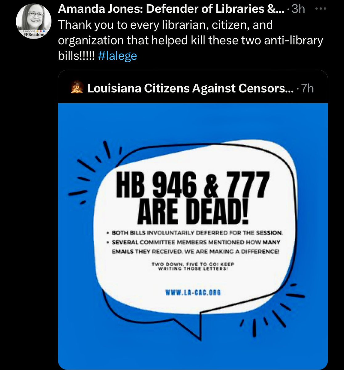 What happened? One of the nation’s leading school librarian child gr—mers Amanda Jones @abmack33 is happy #HB946 & #HB777 are “killed.” What happened? Gr—mers trump children in LA? Louder than children? #lalege? #lagov?

@newlouisiana @michaellunsford @ThamesRyan @JamieMariePope