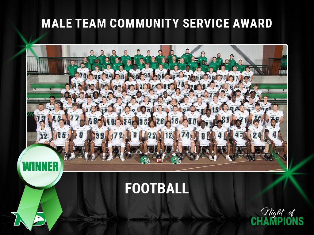 Bubba Schweigert's @UNDfootball team finished with 1,411 hours of community service, generating an economic impact of over $35,000 to win our Male Team Community Service Award! #UNDproud | #LGH