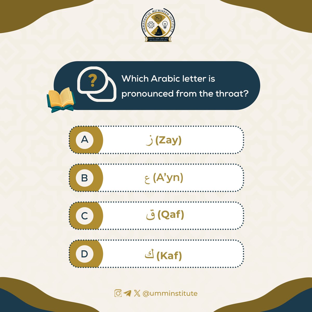 🌟 Ready for a Quran Quiz? Test your knowledge and learn something new today! Share your answer in the comments below! 📚💭 Want to dive deeper into the Quran? DM us for more details: umminstitute.com/contact-us/ #QuranQuiz #TestYourKnowledge