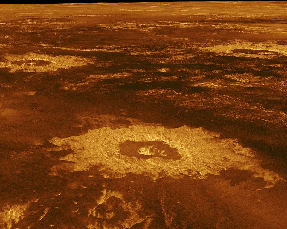 The barren, cratered surface of Venus, Lavinia Planitia. (Magellan radar imagery)