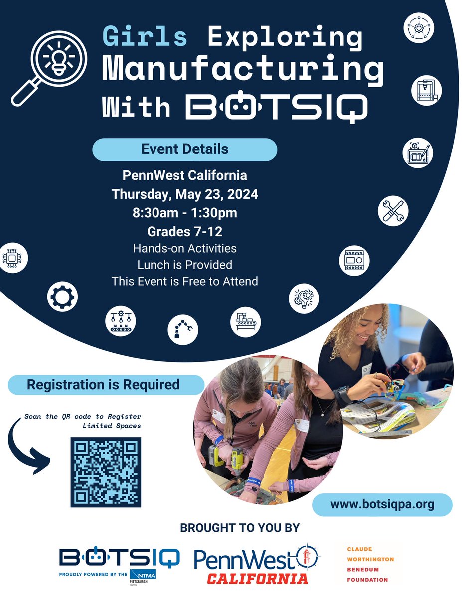 May 23rd is the first ever #BotsIQ Girls Exploring Manufacturing Day, at @PennWCalifornia! Like our other Girls Exploring events, join us for hands-on experiences to learn all about manufacturing. This event is for 7th-12th grade girls. Register here: form.jotform.com/conklin/botsiq…