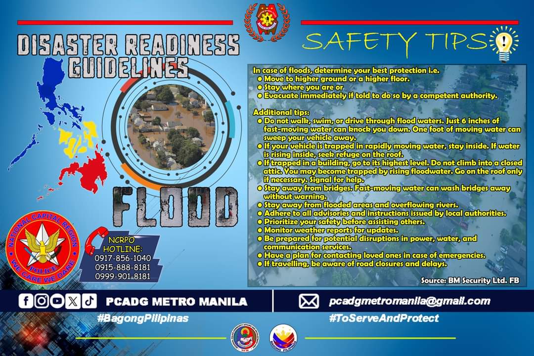 Disaster Readiness Guidelines:

Mga dapat gawin at tandaan upang maging ligtas sa panganib na dulot ng baha o anumang sakuna.