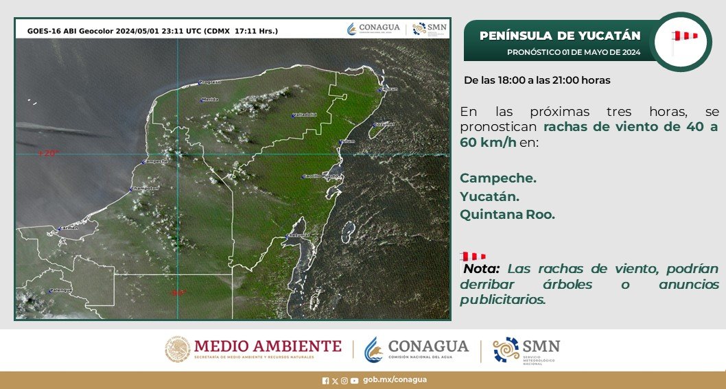 Para las próximas tres horas se esperan #Rachas de #Viento de 40 a 60 km/h en #Campeche, #Yucatán y #QuintanaRoo. 👀